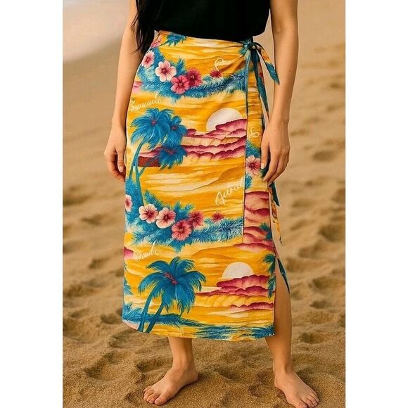 JAMS WORLD Vintage Wrap Skirt Sarong Adjustable Waist Rayon Paradise Hawaii | L - Picture 10 of 10